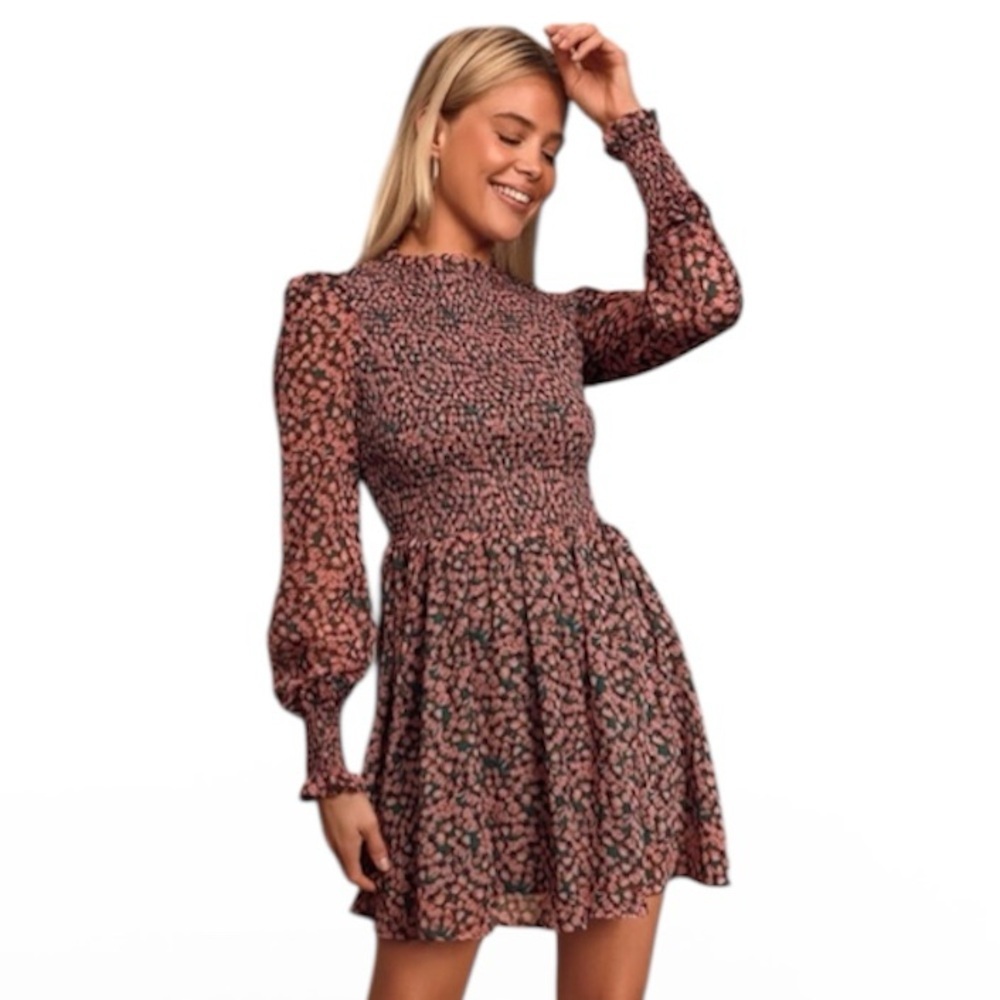 Lulu's Pink Floral Long Sleeve Smocked Mini Dress